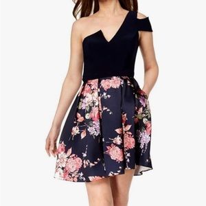 Betsy Adam one Shoulder Floral Party Dress, navy